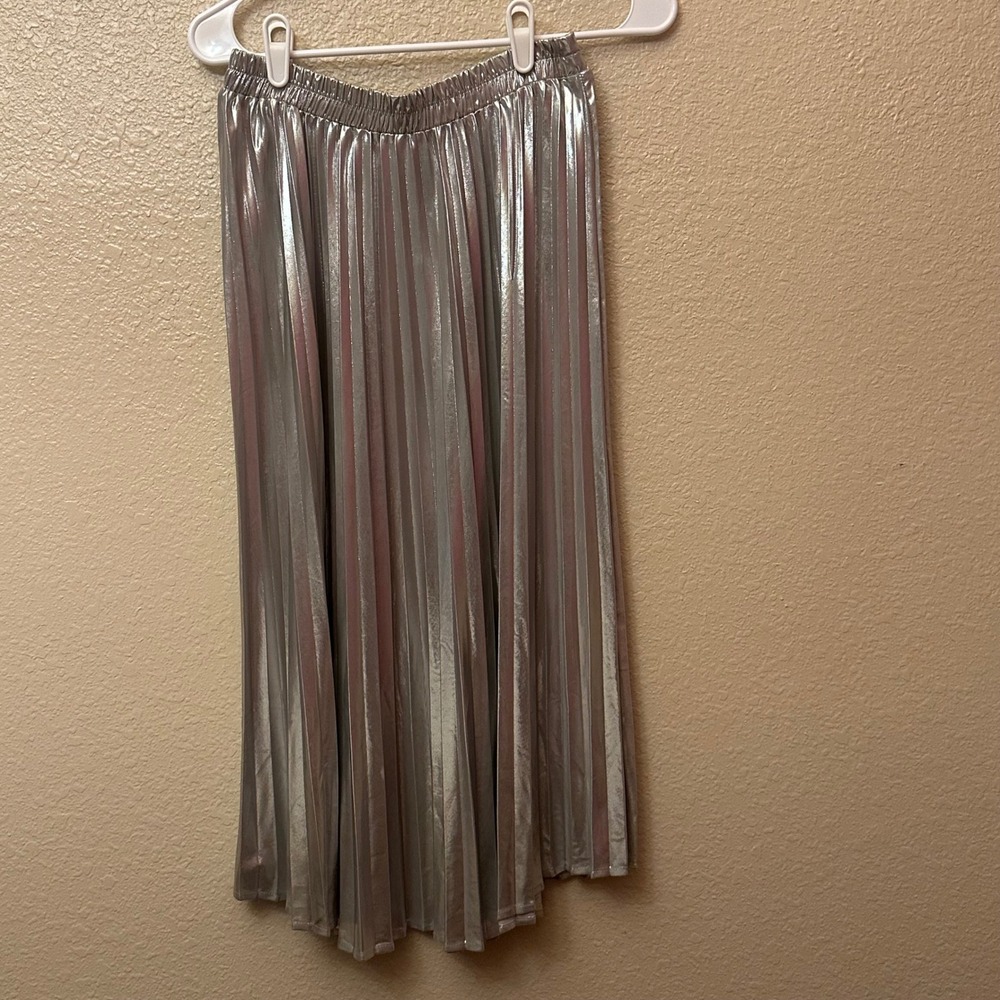 Silver Metallic Pleated Midi Skirt Elastic Waist Accordion Festival Party Shiny